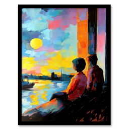 Artery8 Sunset Coastal View Couple Love Romantic Painting Framed Art Print in Blue - Size: A4 - thumbnail 1