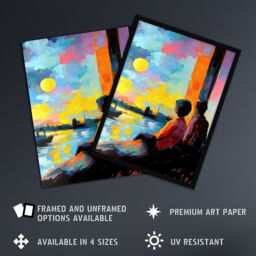 Artery8 Sunset Coastal View Couple Love Romantic Painting Framed Art Print in Blue - Size: A4 - thumbnail 2