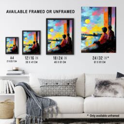 Artery8 Sunset Coastal View Couple Love Romantic Painting Framed Art Print in Blue - Size: A4 - thumbnail 3