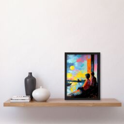 Artery8 Sunset Coastal View Couple Love Romantic Painting Framed Art Print in Blue - Size: A4 - thumbnail 4