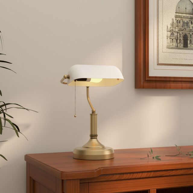 HOMCOM Banker's Table Lamp w/ Antique Bronze Tone Base in White - image 1