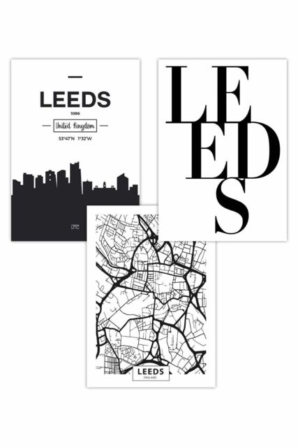 ARTZE Set of 3 LEEDS Skyline Street Map City Prints Art Posters in Black - Size: W50 cm x H70 cm - image 1