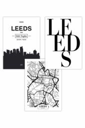 ARTZE Set of 3 LEEDS Skyline Street Map City Prints Art Posters in Black - Size: W50 cm x H70 cm - thumbnail 1