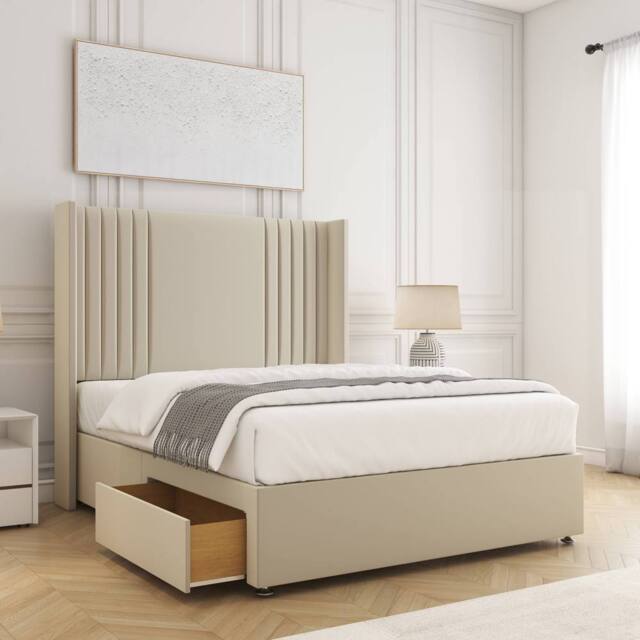 "BSSPOKE Cheshire Divan Bed Plush Velvet 54"" Headboard 2 Drawers & No Mattress in Cream - Size: King" - image 1