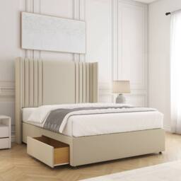"BSSPOKE Cheshire Divan Bed Plush Velvet 54"" Headboard 2 Drawers & No Mattress in Cream - Size: King" - thumbnail 1