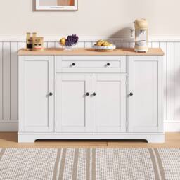 Merax Kitchen Sideboard Storage Cabinet with Drawer & Adjustable Shelves in Natural White - thumbnail 1