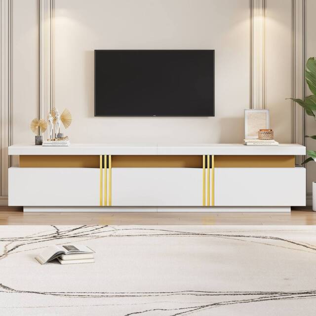 Matteo White Faux Marble TV Stand - Golden Panel - 3 Drawers Media Unit - image 1