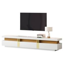 Matteo White Faux Marble TV Stand - Golden Panel - 3 Drawers Media Unit - thumbnail 4
