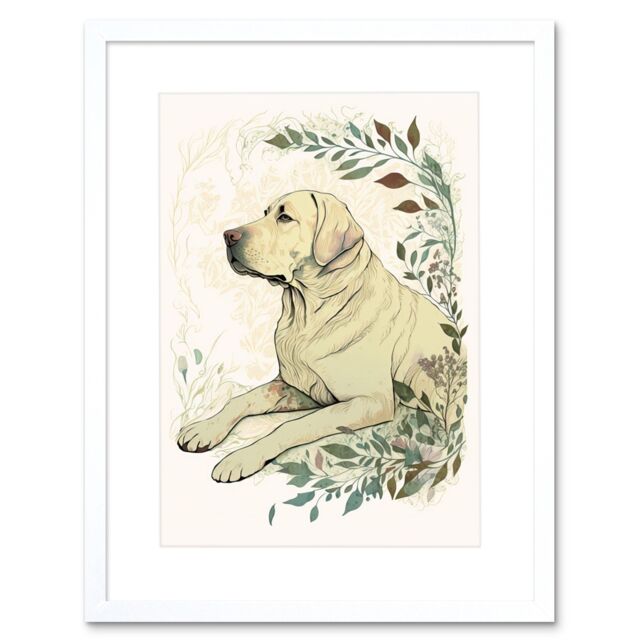 "Artery8 Wall Art Print Labrador Retriever Dog Lying in Field Modern Linocut Artwork Framed 9X7 Inch in White - Size: W7"" x H9""" - image 1