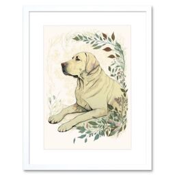 "Artery8 Wall Art Print Labrador Retriever Dog Lying in Field Modern Linocut Artwork Framed 9X7 Inch in White - Size: W7"" x H9""" - thumbnail 1