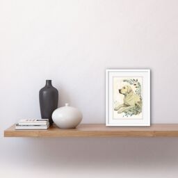 "Artery8 Wall Art Print Labrador Retriever Dog Lying in Field Modern Linocut Artwork Framed 9X7 Inch in White - Size: W7"" x H9""" - thumbnail 2