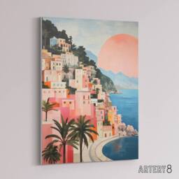 "Artery8 Amalfi Sunrise Italy Coastal Cityscape Canvas Wall Art Print in Blue - Size: W18"" x H24""" - thumbnail 2