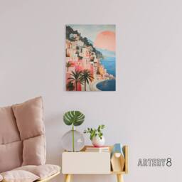 "Artery8 Amalfi Sunrise Italy Coastal Cityscape Canvas Wall Art Print in Blue - Size: W18"" x H24""" - thumbnail 3