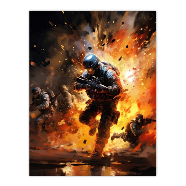 "Artery8 Wall Art Print Military Operation Army Explosion Scene Action Artwork Painting Poster - Size: W12"" x H16""" - image 1