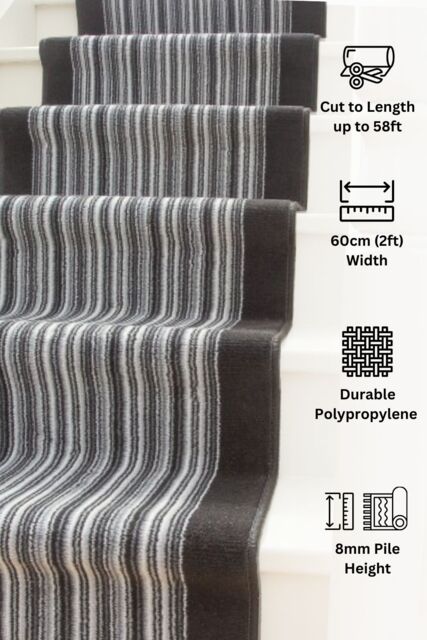 Kukoon Grey & Black Striped Cut to Measure Stair Carpet Runner Rug 60cm Wide - Size: 60 cm x 1050 cm - image 1