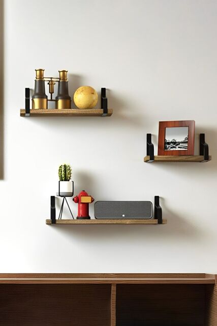 Living and Home 3pcs Floating Display Shelves Light Carbonized Wall Mounted Wood Shelf Plant Stand in Brown - image 1