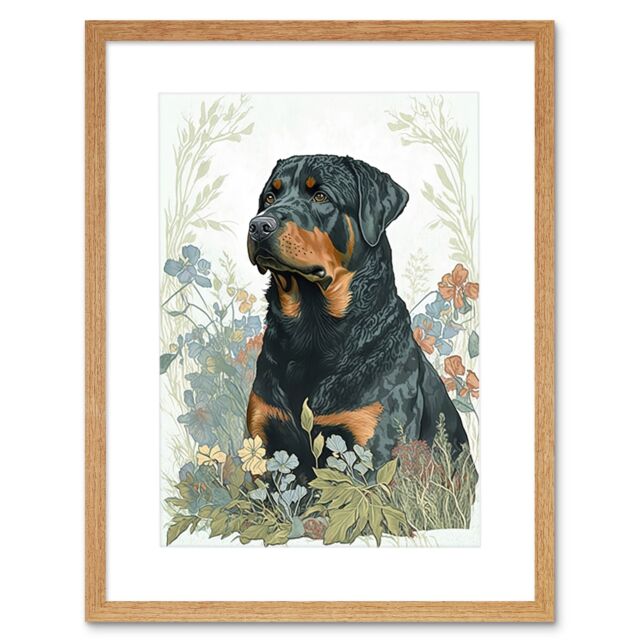 "Artery8 Wall Art Print Rottweiler Dog Sitting in Flower Field Modern Watercolour Artwork Framed 9X7 Inch in Beige - Size: W7"" x H9""" - image 1