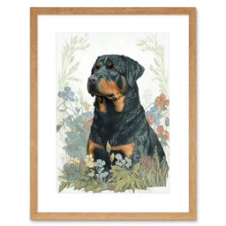"Artery8 Wall Art Print Rottweiler Dog Sitting in Flower Field Modern Watercolour Artwork Framed 9X7 Inch in Beige - Size: W7"" x H9""" - thumbnail 1