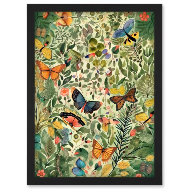 Artery8 Butterflies Flying in Spring Field Modern Folk Art Artwork Framed Wall Art Print A4 in Black - image 1