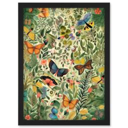 Artery8 Butterflies Flying in Spring Field Modern Folk Art Artwork Framed Wall Art Print A4 in Black - thumbnail 1