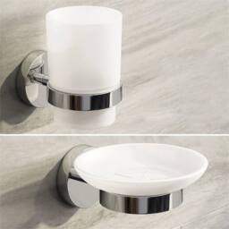 Nordara Soap Dish Toothbrush Holder Bathroom Accessory Set Chrome Wall Mount in White - thumbnail 4