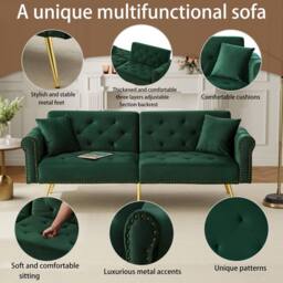 BTM Green Velvet 2-Seater Sofa Bed with 3-Stage Backrest & Gold Feet - Size: A - thumbnail 7