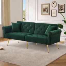 BTM Green Velvet 2-Seater Sofa Bed with 3-Stage Backrest & Gold Feet - Size: A - thumbnail 5