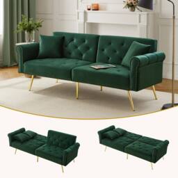 BTM Green Velvet 2-Seater Sofa Bed with 3-Stage Backrest & Gold Feet - Size: A - thumbnail 8