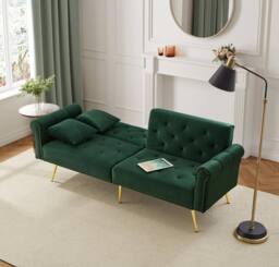 BTM Green Velvet 2-Seater Sofa Bed with 3-Stage Backrest & Gold Feet - Size: A - thumbnail 6