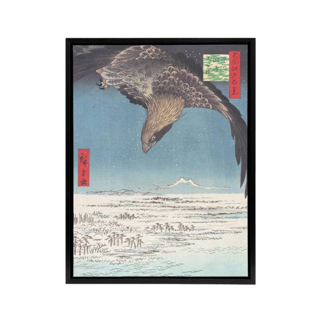 "Artery8 Hawk Over Plain At Fukagawa Japan Framed Canvas Wall Art Print Hiroshige in Blue - Size: W12"" x H16""" - image 1