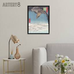 "Artery8 Hawk Over Plain At Fukagawa Japan Framed Canvas Wall Art Print Hiroshige in Blue - Size: W12"" x H16""" - thumbnail 3