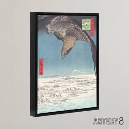 "Artery8 Hawk Over Plain At Fukagawa Japan Framed Canvas Wall Art Print Hiroshige in Blue - Size: W12"" x H16""" - thumbnail 2