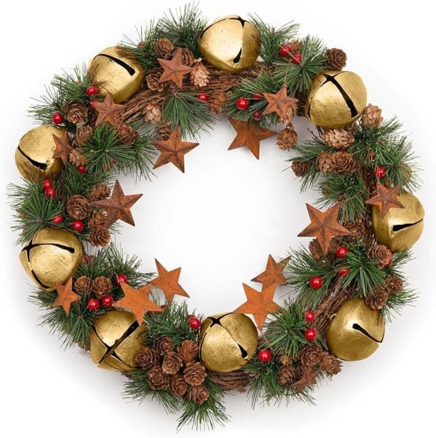 Shatchi 40cm Christmas Wreath with Jingle Bells Stars Pine Cones Berries Leaves for Outdoor in Gold - image 1