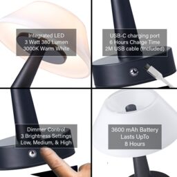Happy Homewares Matt Black Rechargeable Touch Dimmable Table Lamp with Opal White Domed Shade - thumbnail 4