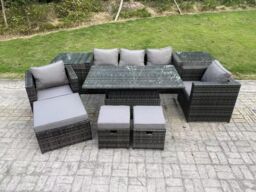 Fimous Wicker PE Rattan Garden Furniture Sofa Set Outdoor Adjustable Rising Lifting Dining Table Set in Dark Grey - thumbnail 2