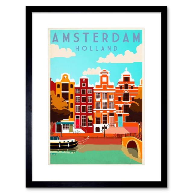 "Artery8 Travel Amsterdam Holland Netherlands Canal Bridge Boat Framed Art - Size: W12"" x H16""" - image 1