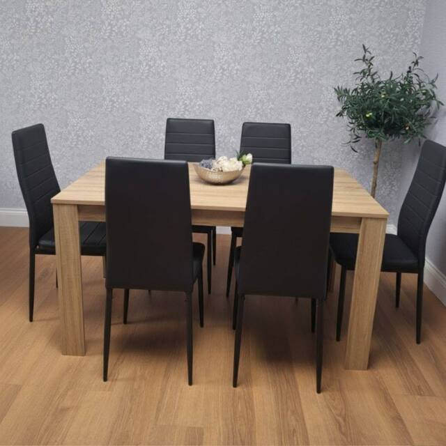 KOSY KOALA Oak Effect Dining Table Set With 6 Black Faux Leather Chairs in Brown - image 1