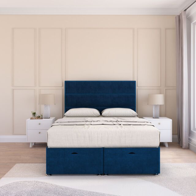 Sloomy Texas Plush Fabric Ottoman Bed End Opening With Sprung Memory Mattress & 54 Inch Floorstanding Headboard in Navy - Size: Double - image 1