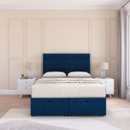 Sloomy Texas Plush Fabric Ottoman Bed End Opening With Sprung Memory Mattress & 54 Inch Floorstanding Headboard in Navy - Size: Double - thumbnail 1
