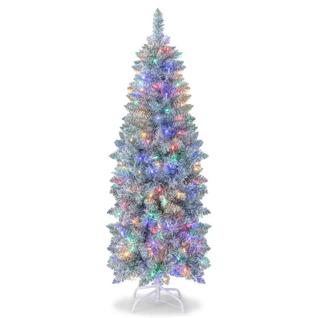 Gymax 5FT Pre-Lit Christmas Tree Slim 343 Tips 190 Colorful LED Lights Artificial Tree in Green - image 1