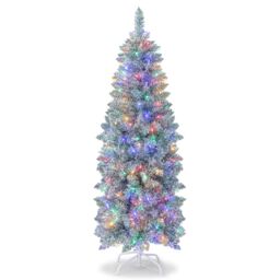 Gymax 5FT Pre-Lit Christmas Tree Slim 343 Tips 190 Colorful LED Lights Artificial Tree in Green - thumbnail 1