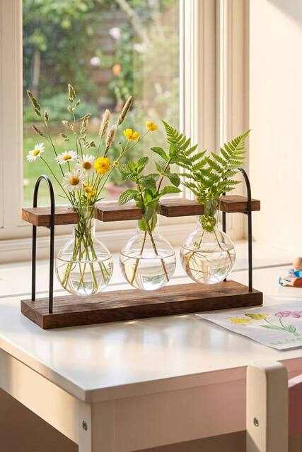 Living and Home 3Pcs Desktop Glass Bulb Vases with Stand for Hydroponic Plants in Walnut - image 1