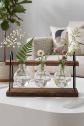 Living and Home 3Pcs Desktop Glass Bulb Vases with Stand for Hydroponic Plants in Walnut - thumbnail 2