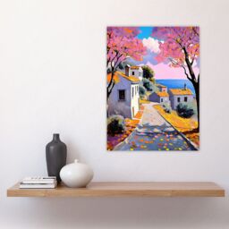 "Artery8 French Coastal Village With Cherry Blossoms Trees Wall Art Print - Size: W12"" x H16""" - thumbnail 4