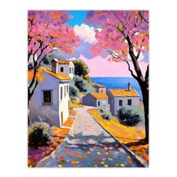 "Artery8 French Coastal Village With Cherry Blossoms Trees Wall Art Print - Size: W12"" x H16""" - thumbnail 1