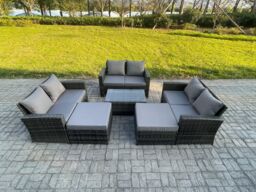 Fimous Rattan Garden Furniture Set 8 Seater Patio Outdoor Lounge Sofa Set with Rectangular Coffee Table 2 Big Footstool Dark Grey Mixed - thumbnail 1