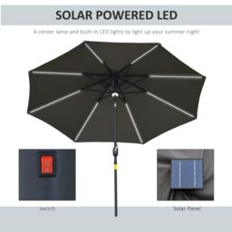 OUTSUNNY 2.7m Garden Parasol Umbrella w/ LED Solar Light Crank Tilt in Grey - thumbnail 4