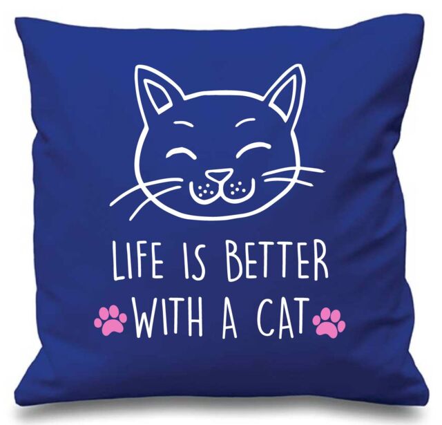 "60 SECOND MAKEOVER Blue Cushion Cover Life Is Better With A Cat 16"" x 16"" Mum Friend Gift Decorative - Size: 40 cm x 40 cm"
