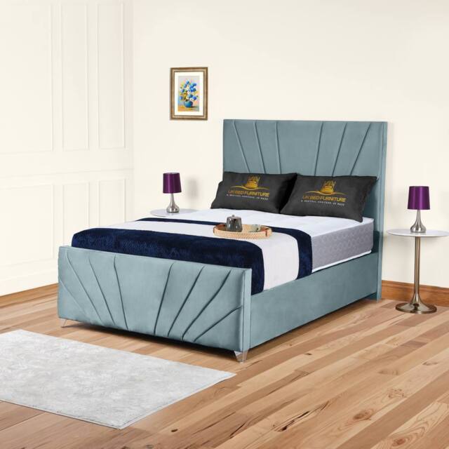 UK Bed Furniture Sunrise Slatted Base Upholstered Bed with 48 Inch Headboard in Light Blue - Size: King - image 1