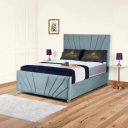 UK Bed Furniture Sunrise Slatted Base Upholstered Bed with 48 Inch Headboard in Light Blue - Size: King